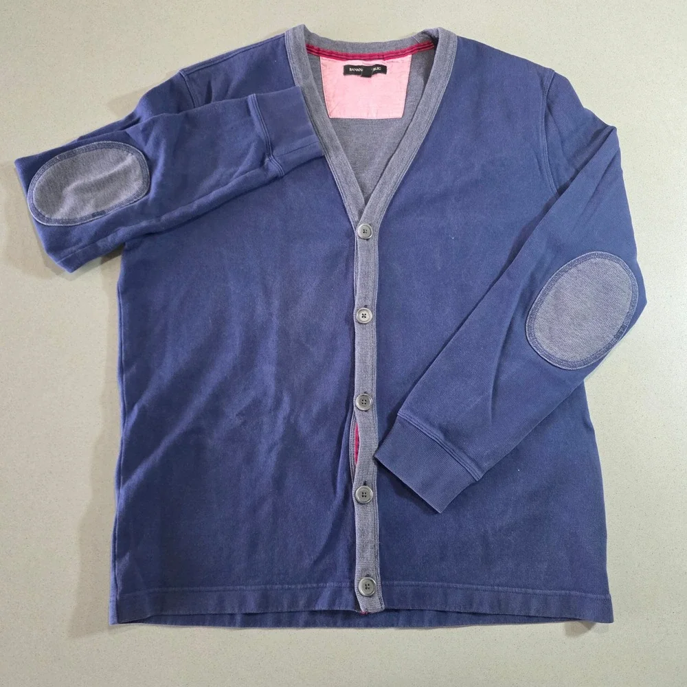 Banana Republic Mens XL Blue Cotton Elbow Patch V-Neck Button Cardigan Sweater